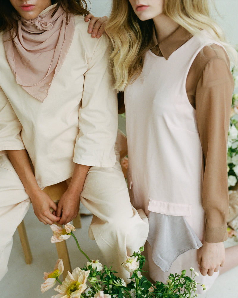 The Tono + co Classic Scarf in Blush makes the perfect everyday accessory. Lovingly hand-dyed in Santa Ana, California and available in 24 signature colors. Styled by Erica Kopp of Stay Co for our Spring 2019 lookbook | image by Tess Comrie