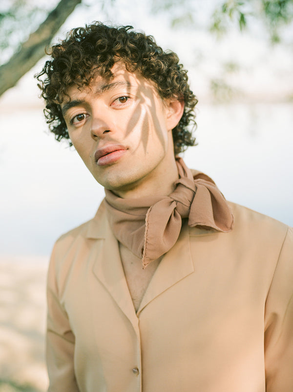 Tono + co Scout Silk Scarf in Rose Gold. Lovingly hand-dyed in Santa Ana, California and available in 24 signature colors. Styled by Erica Kopp of Stay Co and photographed by Tess Comrie for our Summer 2019 Lookbook. Check out our website for more style and color inspiration.