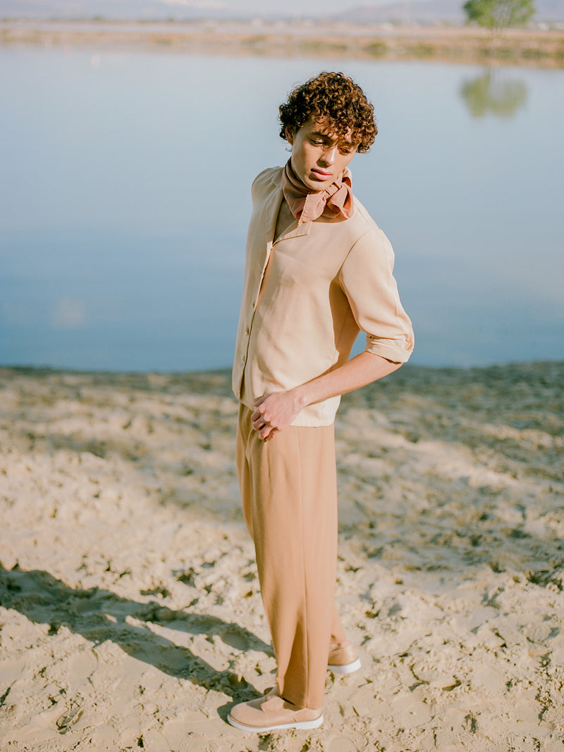 Tono + co Scout Silk Scarf in Rose Gold. Lovingly hand-dyed in Santa Ana, California and available in 24 signature colors. Styled by Erica Kopp of Stay Co and photographed by Tess Comrie for our Summer 2019 Lookbook. Check out our website for more style and color inspiration.