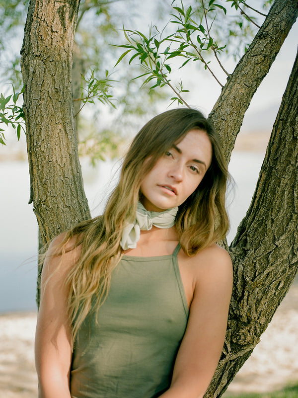 Tono + co Scout Silk Scarf in Sage. Lovingly hand-dyed in Santa Ana, California and available in 24 signature colors. Styled by Erica Kopp of Stay Co and photographed by Tess Comrie for our Summer 2019 Lookbook. Check out our website for more style and color inspiration.