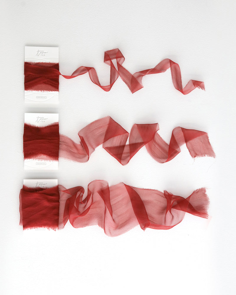 Tono + co Gossamer Silk Ribbon in Limited Edition Poppy. Lovingly hand-dyed in Santa Ana, California and available in 24 signature colors. Check out our website for more color theory, styling, and wedding inspiration.