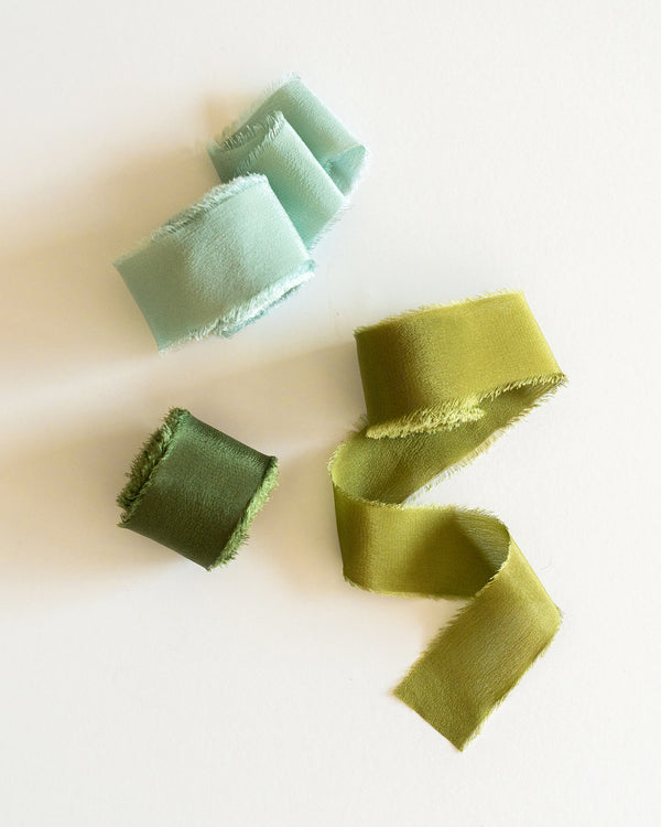 Tono + co Classic Silk Ribbon in Limited Edition 'The Color Green.' Lovingly hand-dyed in Santa Ana, California and available in 24 signature colors. Check out our website for more color, styling, and bridal inspiration.