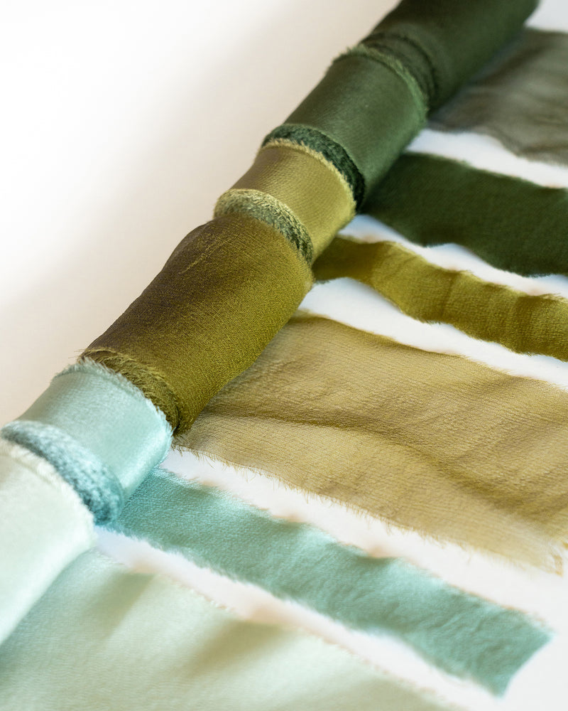 Tono + co Classic Silk and Gossamer Ribbons in Limited Edition 'The Color Green.' Lovingly hand-dyed in Santa Ana, California and available in 24 signature colors. Check out our website for more color, styling, and bridal inspiration.