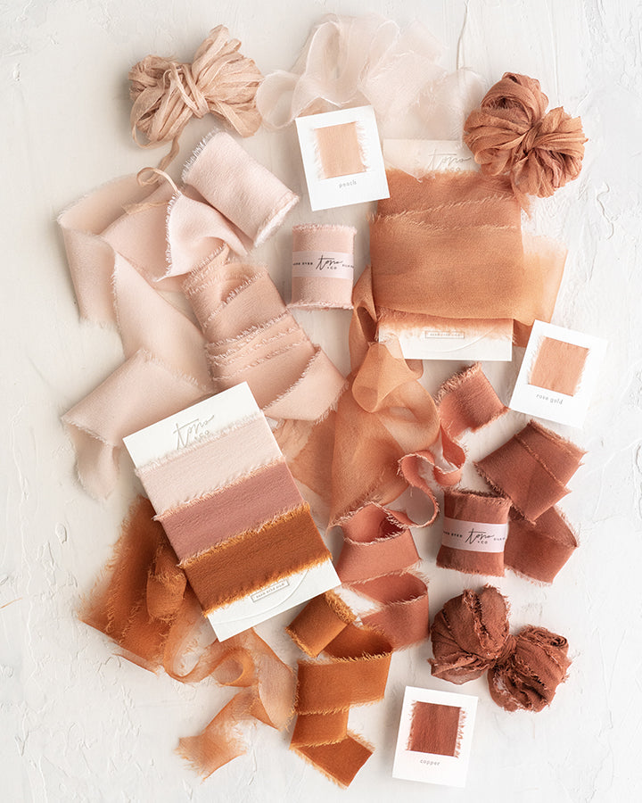 Tono + co Limited Edition 'The Color Orange' in Classic Silk Ribbon. View the new fall favorites featuring Champagne + Terra Cotta + Rust, lovingly hand-dyed in Santa Ana, California. Check out our website for more color, wedding, and styling inspiration.