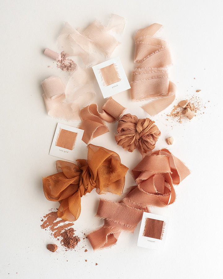 Tono + co Limited Edition 'The Color Orange' in Gossamer Silk Ribbon. View the new fall favorites featuring Champagne + Terra Cotta + Rust, lovingly hand-dyed in Santa Ana, California. Check out our website for more color, wedding, and styling inspiration.