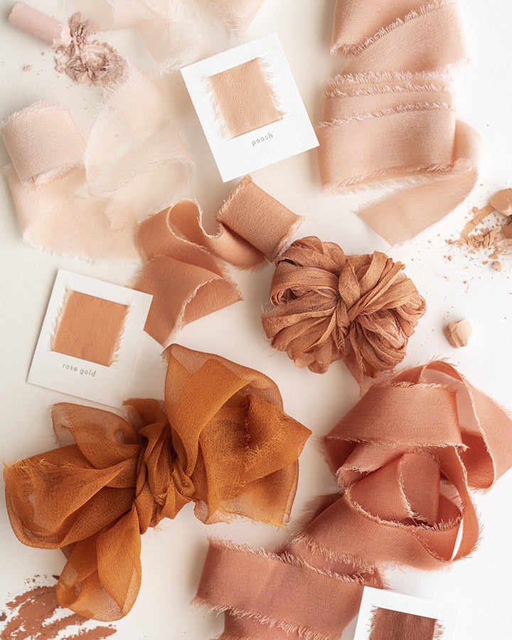 Tono + co Limited Edition 'The Color Orange' in Classic Silk Ribbon. View the new fall favorites featuring Champagne + Terra Cotta + Rust, lovingly hand-dyed in Santa Ana, California. Check out our website for more color, wedding, and styling inspiration.
